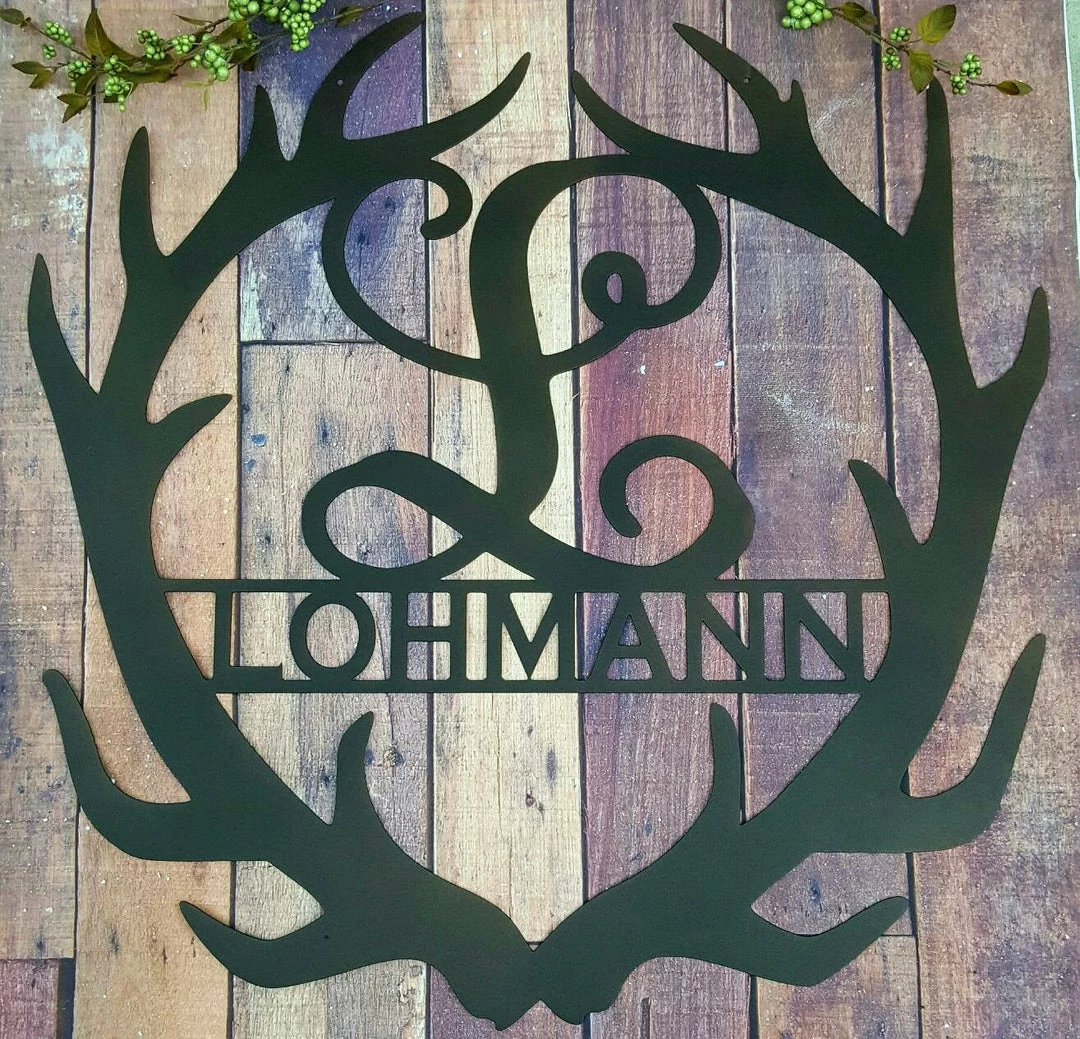 SpeedFabrication Deer Antler Personalized Monogram Hunting & Fishing Metal Signs