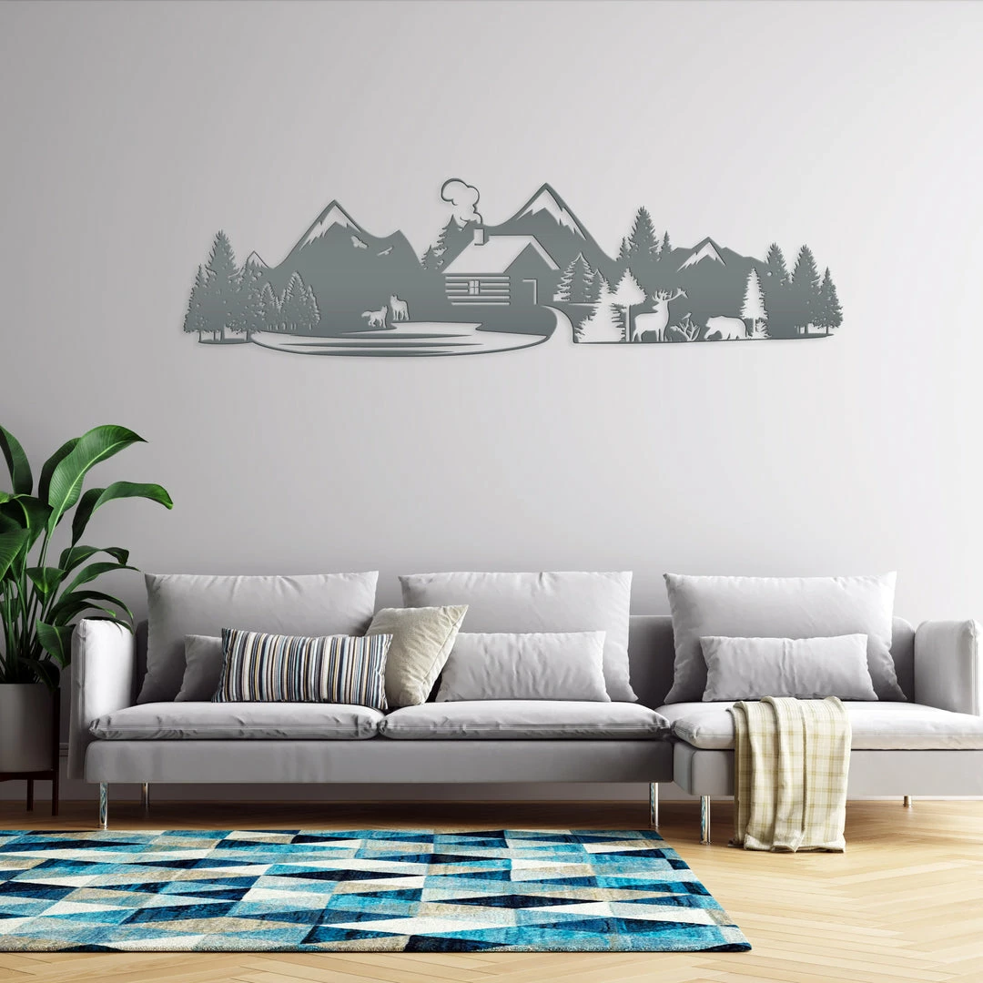 Speed Fabrication Outdoor Mountain Cabin Silhouette Nature Scene Metal Sign