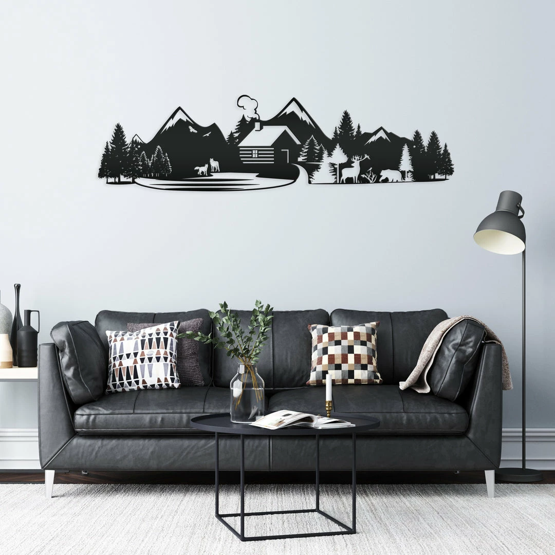 Speed Fabrication Outdoor Mountain Cabin Silhouette Nature Scene Metal Sign