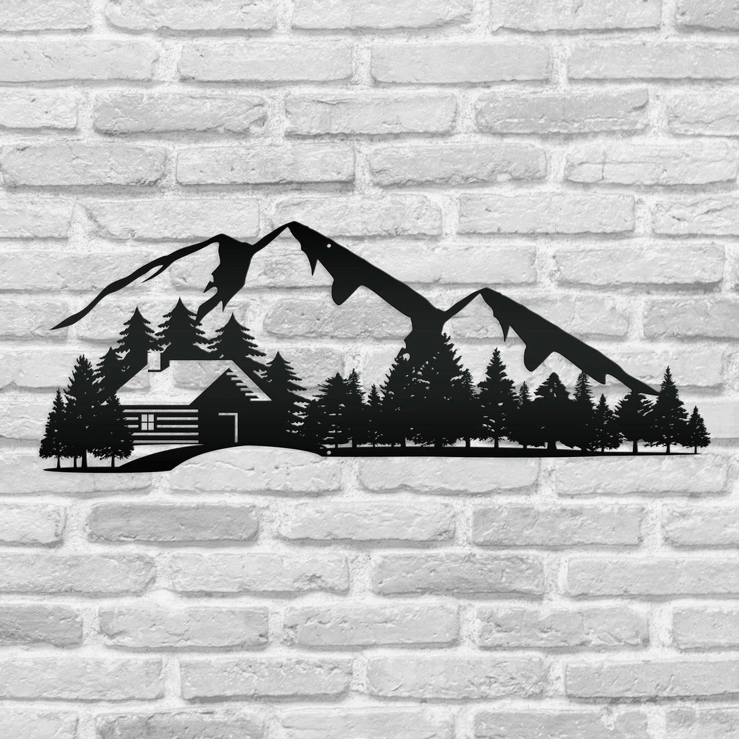 Speed Fabrication Outdoor Mountain Cabin Silhouette Nature Scene Metal Sign