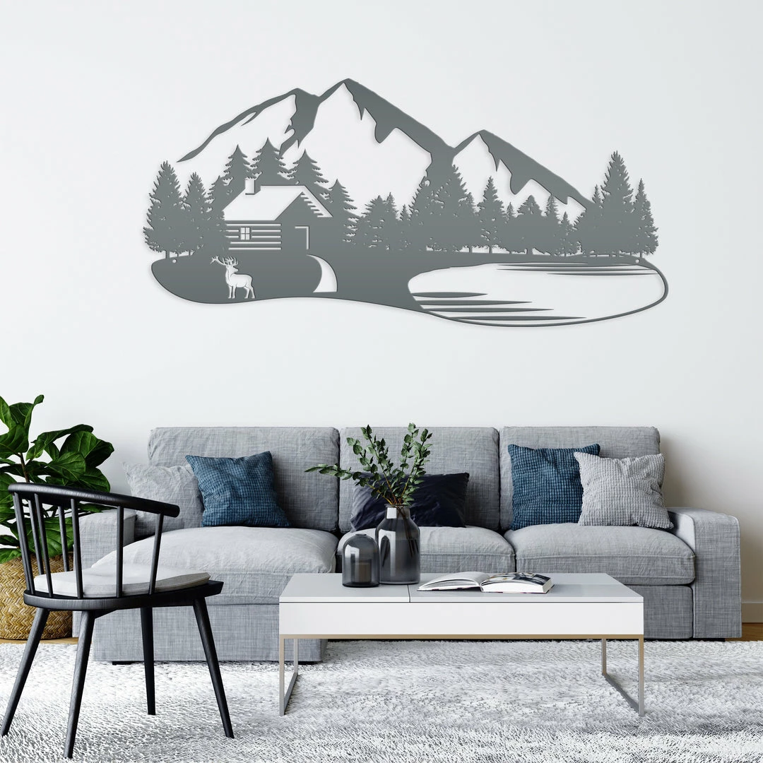 Speed Fabrication Outdoor Mountain Cabin Silhouette Nature Scene Metal Sign