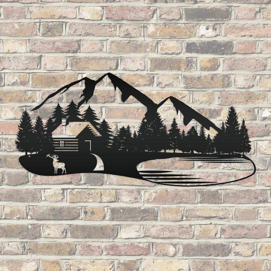 Speed Fabrication Outdoor Mountain Cabin Silhouette Nature Scene Metal Sign