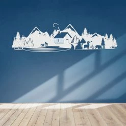 Speed Fabrication Outdoor Mountain Cabin Silhouette Nature Scene Metal Sign