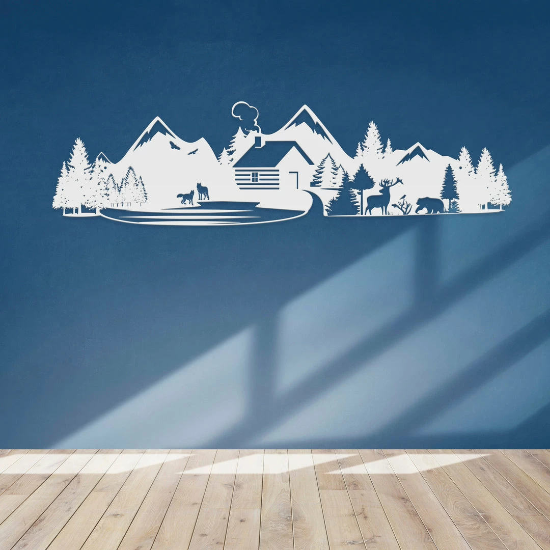 Speed Fabrication Outdoor Mountain Cabin Silhouette Nature Scene Metal Sign
