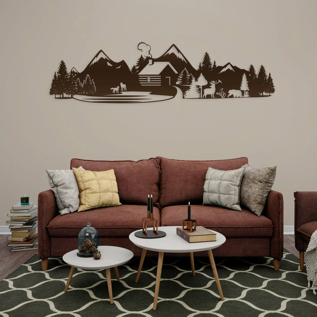 Speed Fabrication Outdoor Mountain Cabin Silhouette Nature Scene Metal Sign