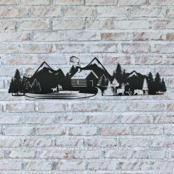 Speed Fabrication Outdoor Mountain Cabin Silhouette Nature Scene Metal Sign