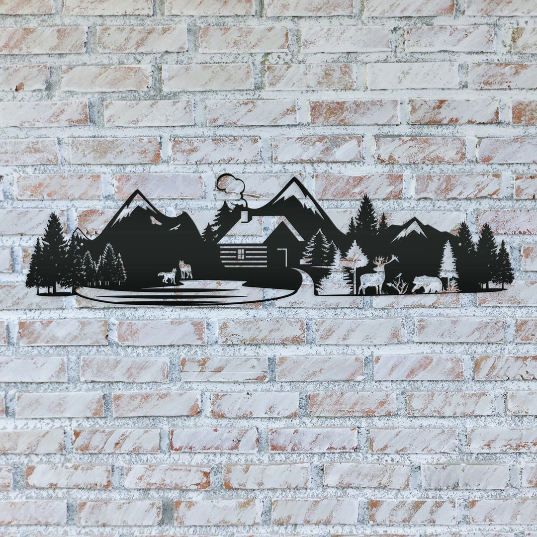 Speed Fabrication Outdoor Mountain Cabin Silhouette Nature Scene Metal Sign
