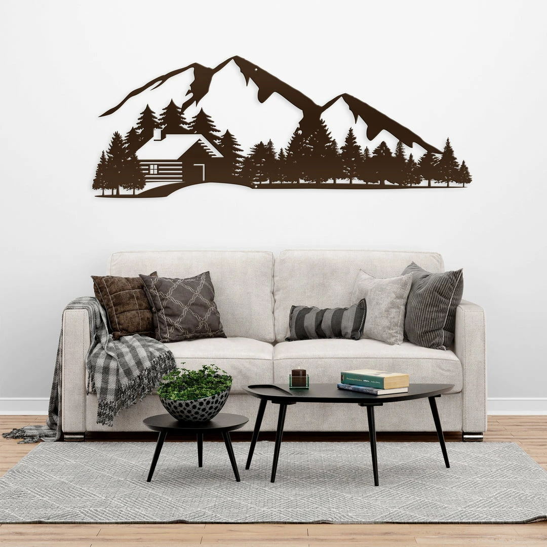 Speed Fabrication Outdoor Mountain Cabin Silhouette Nature Scene Metal Sign