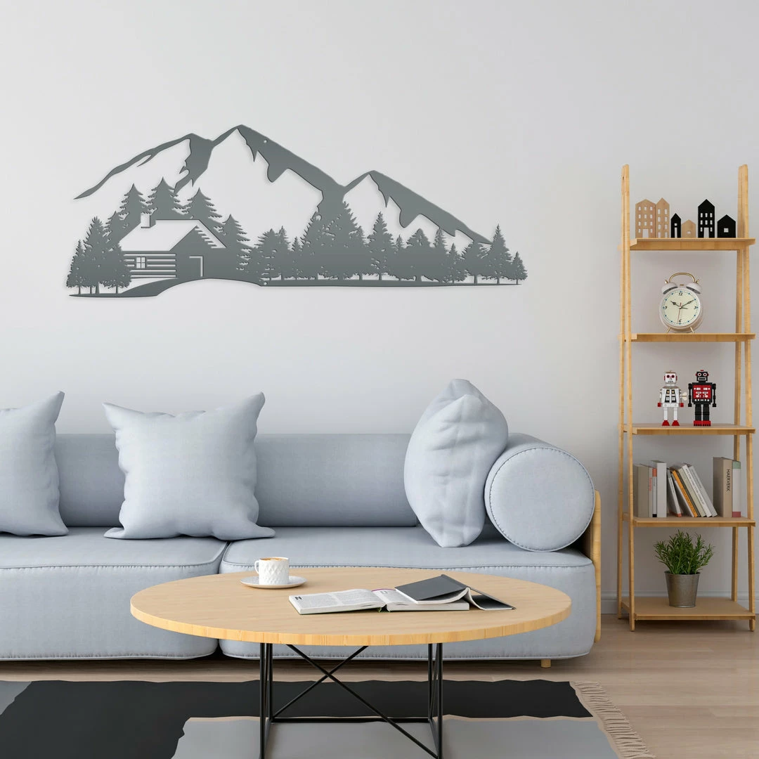 Speed Fabrication Outdoor Mountain Cabin Silhouette Nature Scene Metal Sign