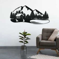 Speed Fabrication Outdoor Mountain Cabin Silhouette Nature Scene Metal Sign