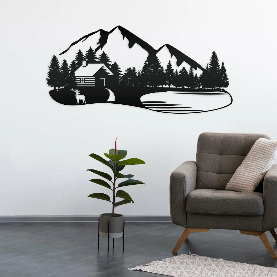 Speed Fabrication Outdoor Mountain Cabin Silhouette Nature Scene Metal Sign