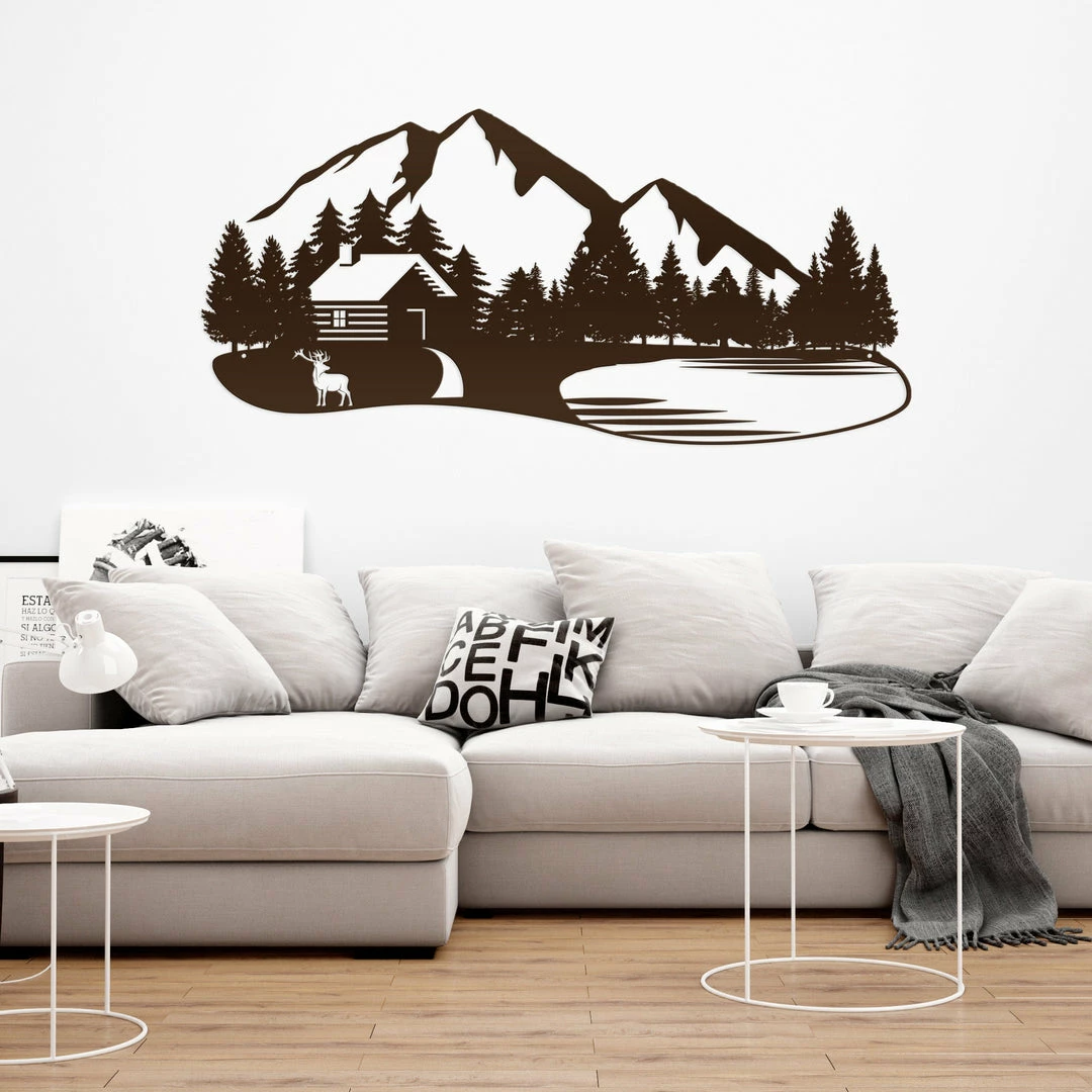 Speed Fabrication Outdoor Mountain Cabin Silhouette Nature Scene Metal Sign