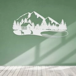 Speed Fabrication Outdoor Mountain Cabin Silhouette Nature Scene Metal Sign