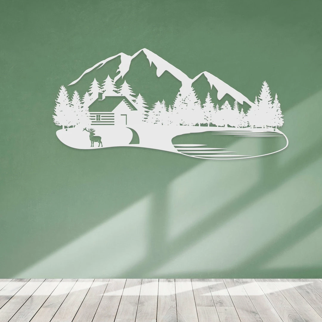 Speed Fabrication Outdoor Mountain Cabin Silhouette Nature Scene Metal Sign