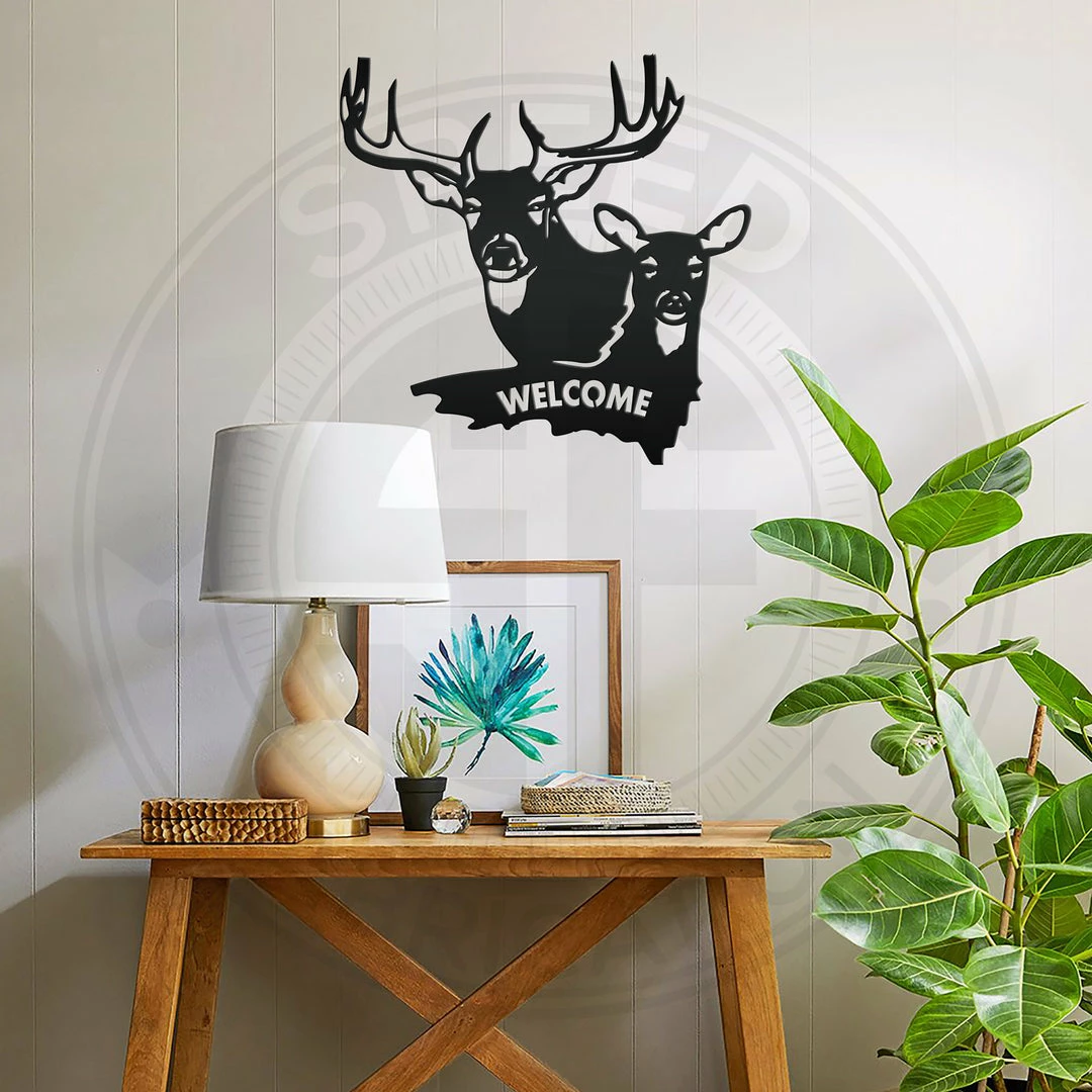Speed Fabrication Deer And Doe Welcome Metal Sign