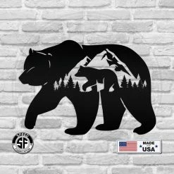 Speed Fabrication Bear Silhouetts With Mountain Scene Metal Sign