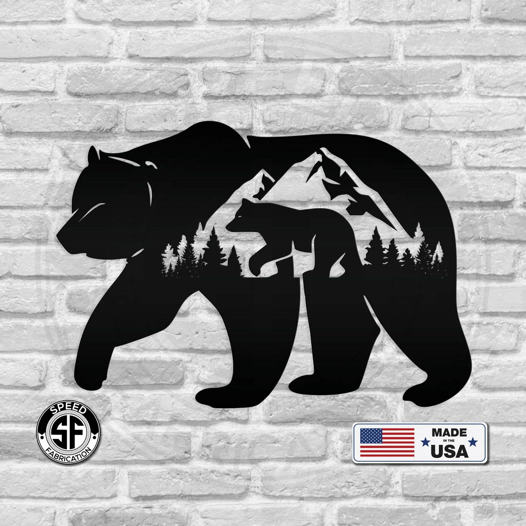 Speed Fabrication Bear Silhouetts With Mountain Scene Metal Sign