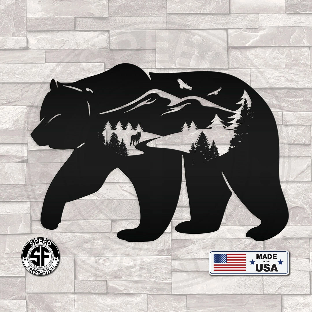 Speed Fabrication Bear Silhouette With Mountain Scene Metal Sign Hunting & Fishing Metal Signs