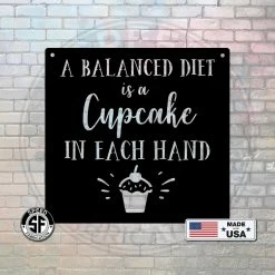 Speed Fabrication Home Decor & Gifts A Balanced Diet Is A Cupcake In Each Hand Metal Sign