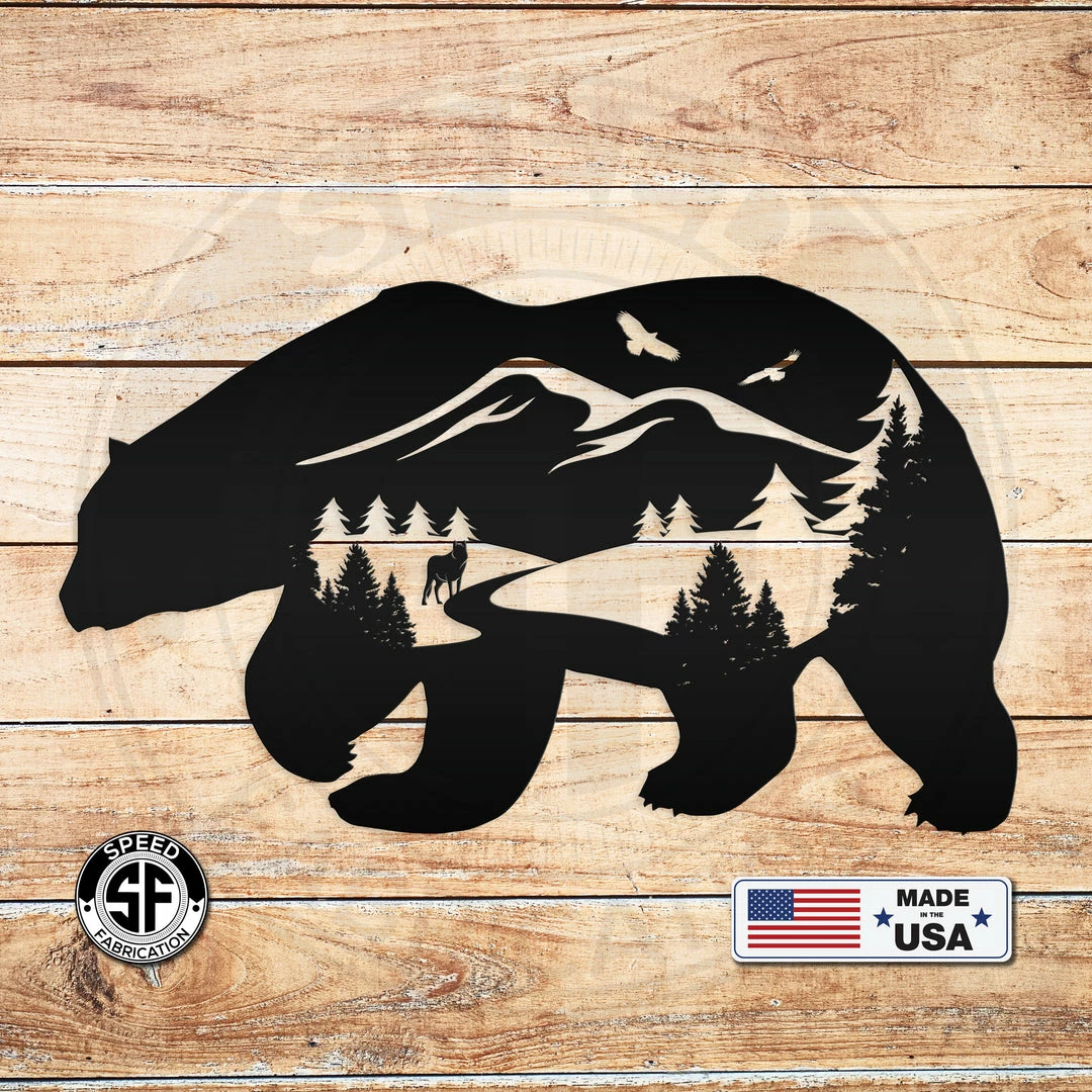 Speed Fabrication Bear Silhouette With Mountain Scene Metal Sign