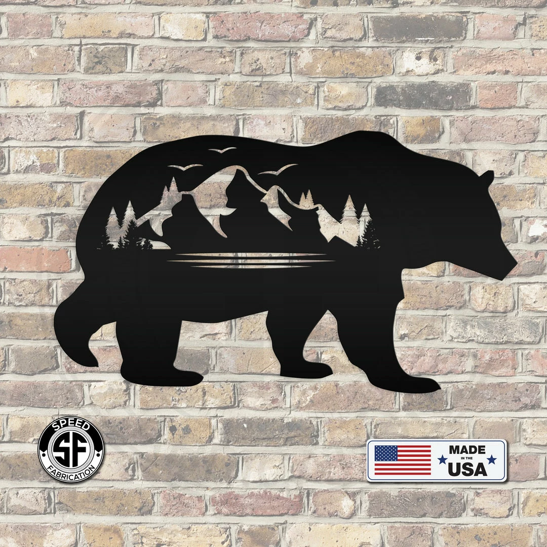 Speed Fabrication Hunting & Fishing Metal Signs Bear Silhouette With Mountain Scene Metal Sign