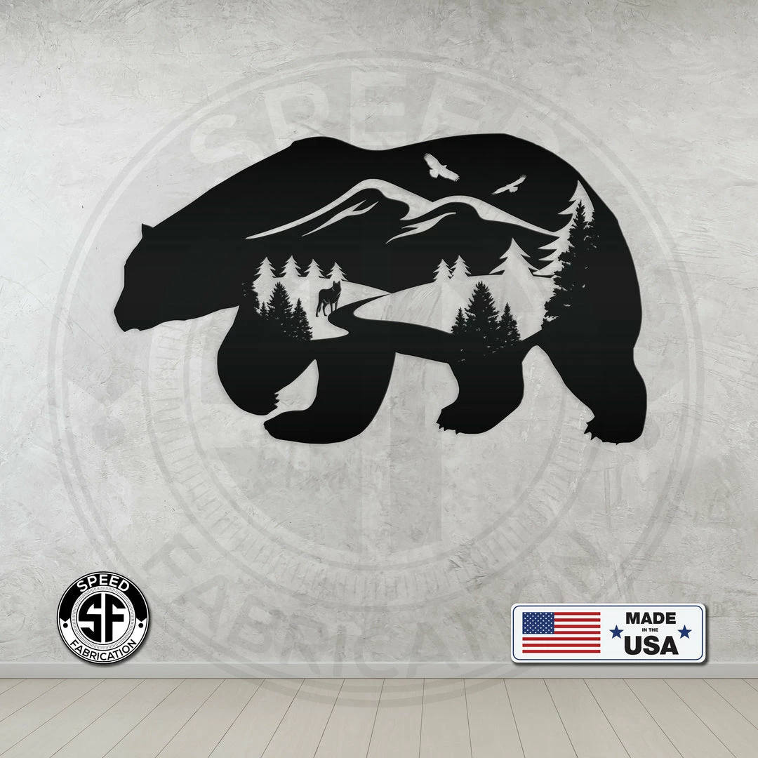 Speed Fabrication Bear Silhouette With Mountain Scene Metal Sign