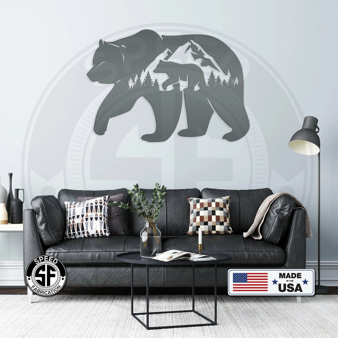 Speed Fabrication Bear Silhouetts With Mountain Scene Metal Sign