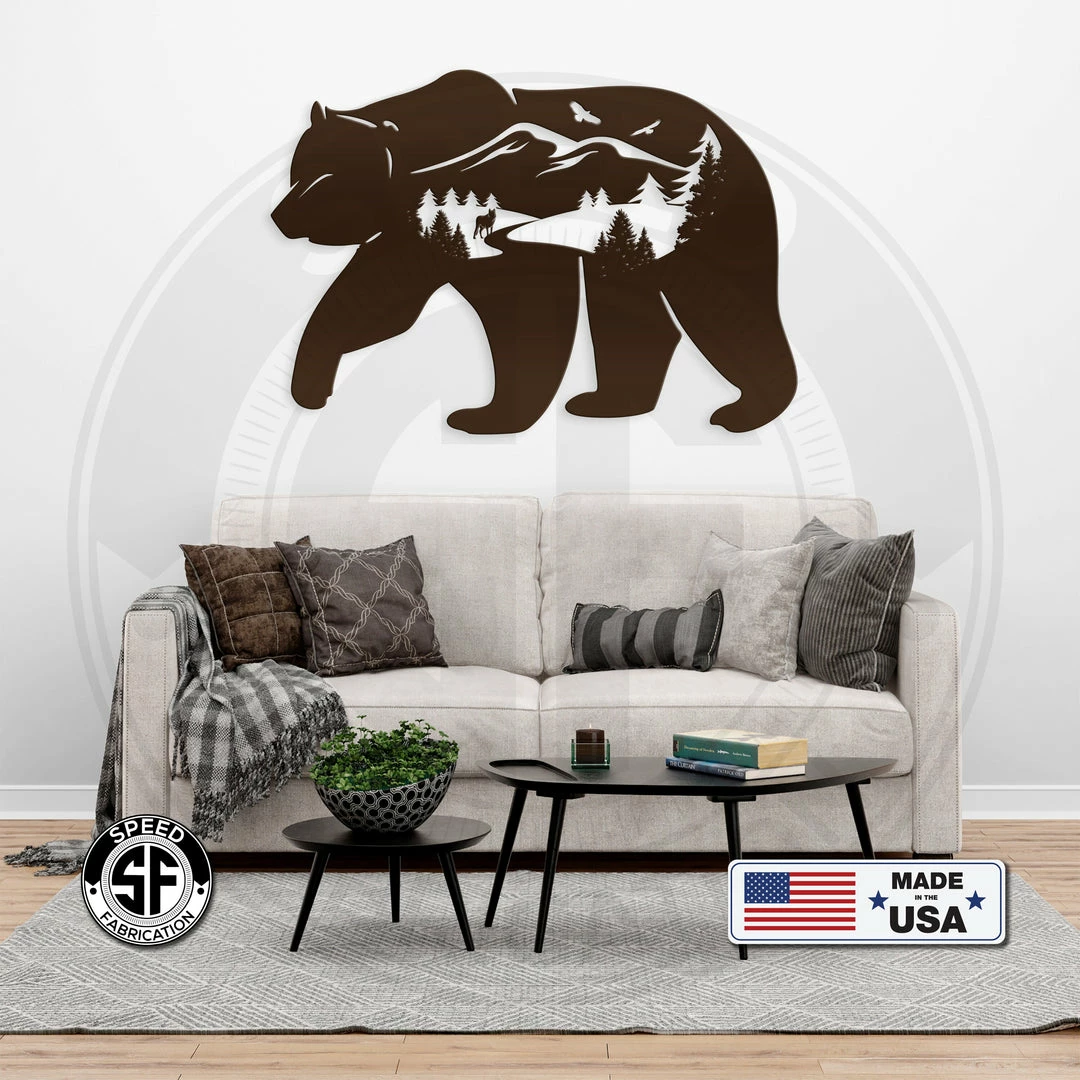 Speed Fabrication Bear Silhouette With Mountain Scene Metal Sign Hunting & Fishing Metal Signs