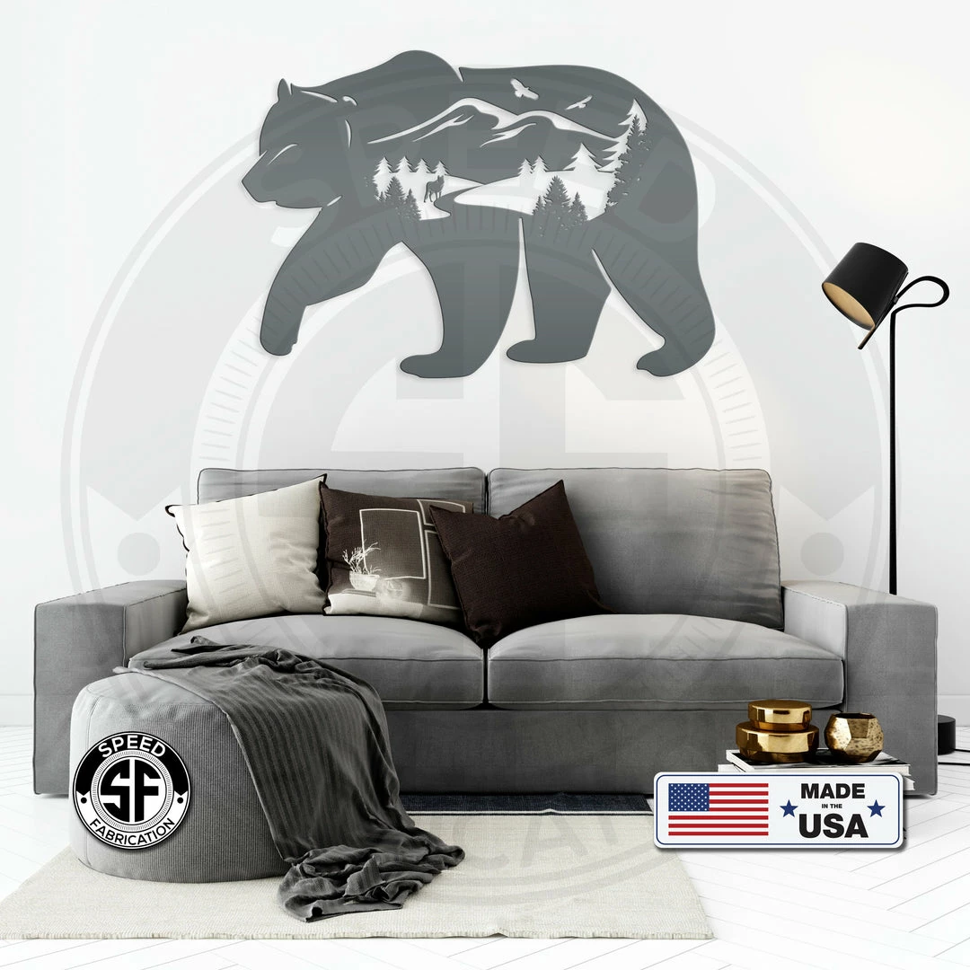 Speed Fabrication Bear Silhouette With Mountain Scene Metal Sign Hunting & Fishing Metal Signs
