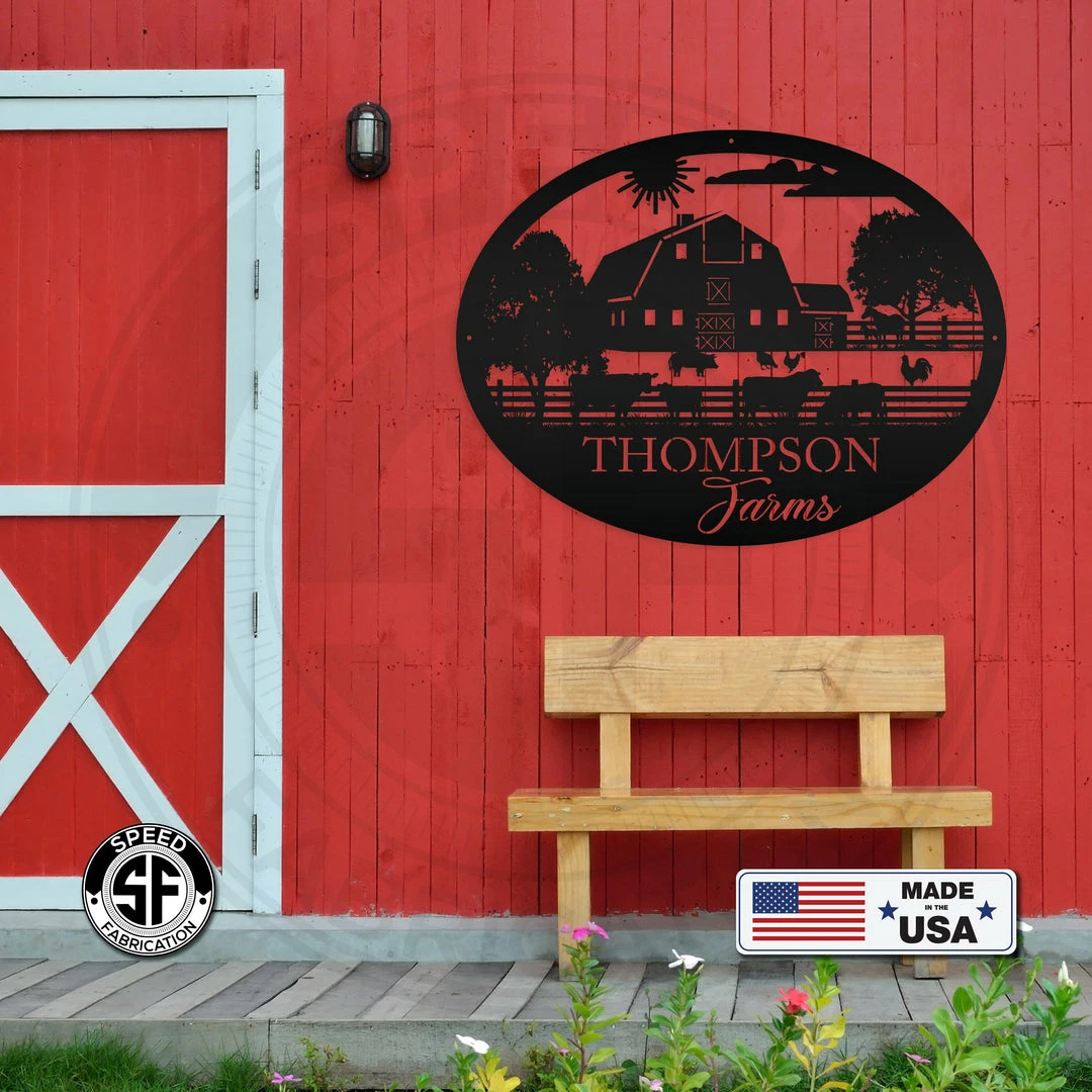 Speed Fabrication Personalized Farm Name And Farm Animals Oval Metal Sign