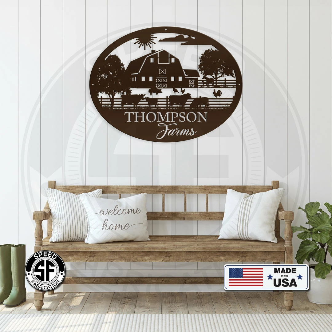 Speed Fabrication Personalized Farm Name And Farm Animals Oval Metal Sign