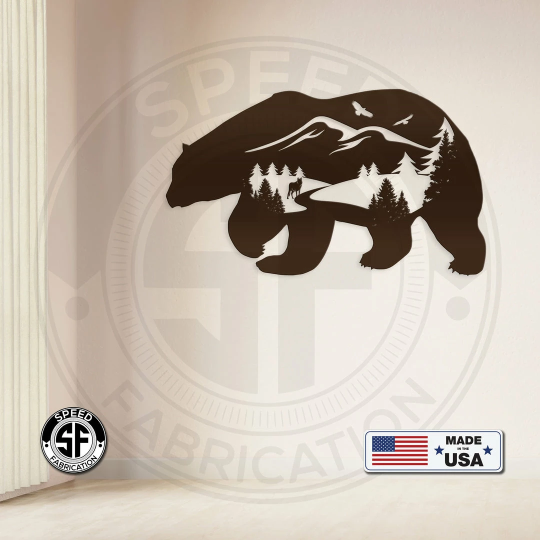 Speed Fabrication Bear Silhouette With Mountain Scene Metal Sign