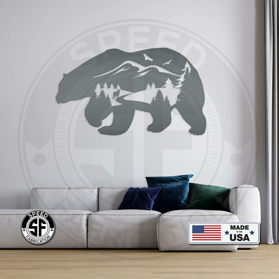 Speed Fabrication Bear Silhouette With Mountain Scene Metal Sign