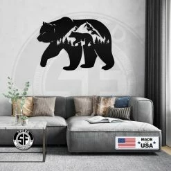 Speed Fabrication Bear Silhouetts With Mountain Scene Metal Sign