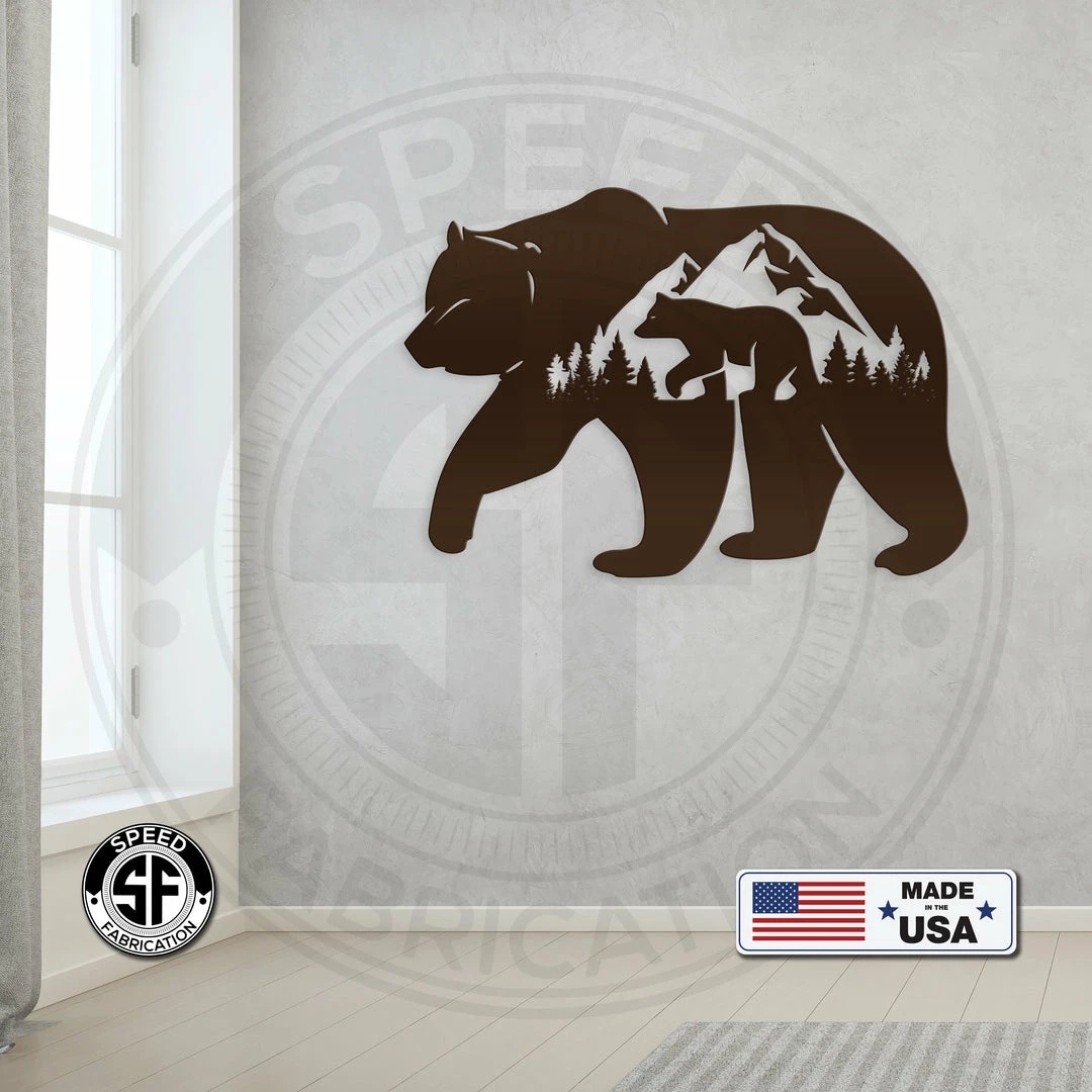 Speed Fabrication Bear Silhouetts With Mountain Scene Metal Sign