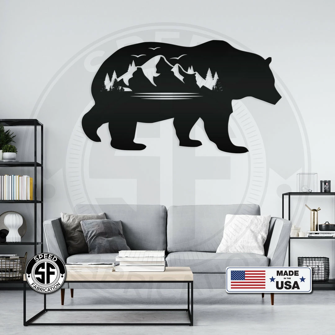 Speed Fabrication Hunting & Fishing Metal Signs Bear Silhouette With Mountain Scene Metal Sign
