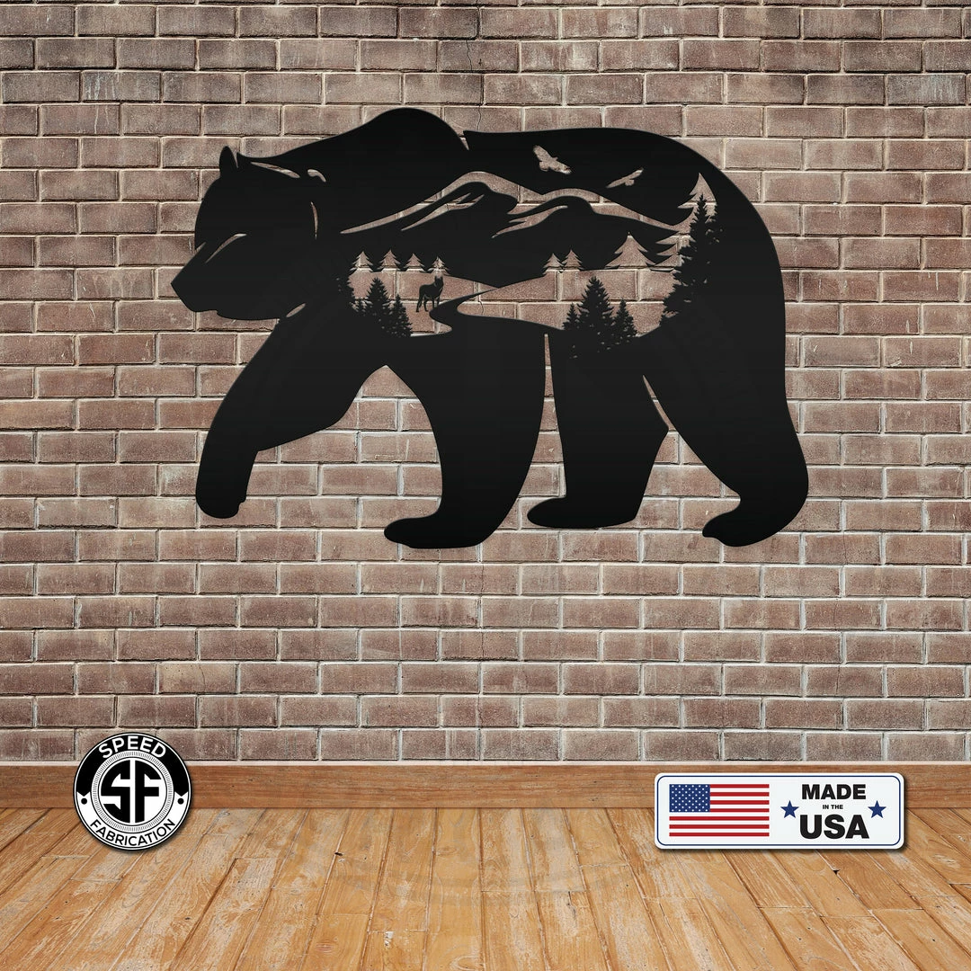 Speed Fabrication Bear Silhouette With Mountain Scene Metal Sign Hunting & Fishing Metal Signs