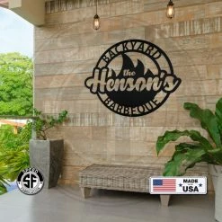 Speed Fabrication Backyard Barbeque Round With Flame And Family Name Home Decor & Gifts