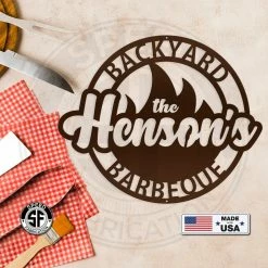 Speed Fabrication Backyard Barbeque Round With Flame And Family Name Home Decor & Gifts