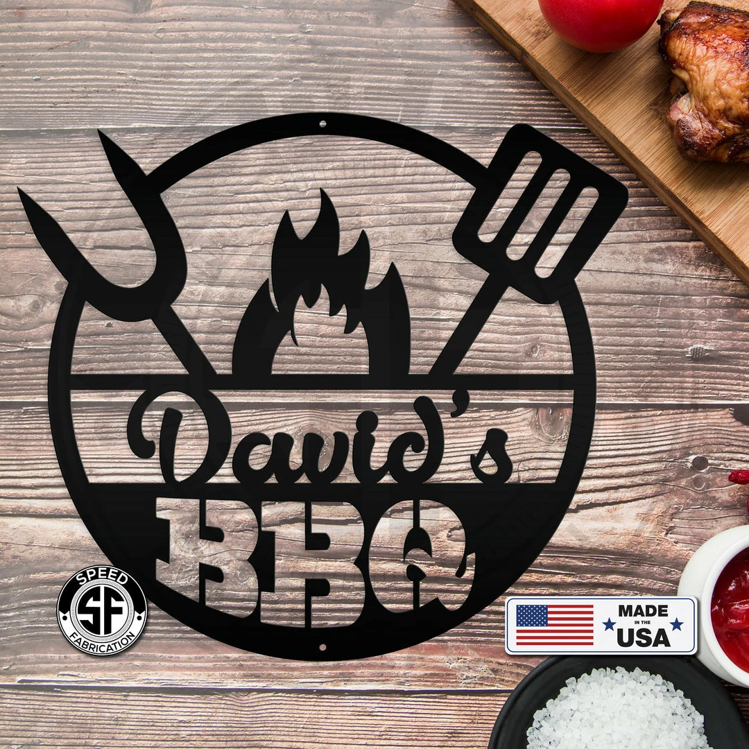 Speed Fabrication Personalized Name BBQ Metal Sign - Indoor Outdoor Home Decor & Gifts