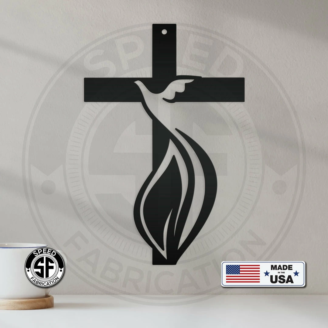 Speed Fabrication Home Decor & Gifts Cross Sign With Dove And Flame