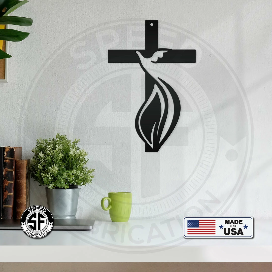 Speed Fabrication Home Decor & Gifts Cross Sign With Dove And Flame