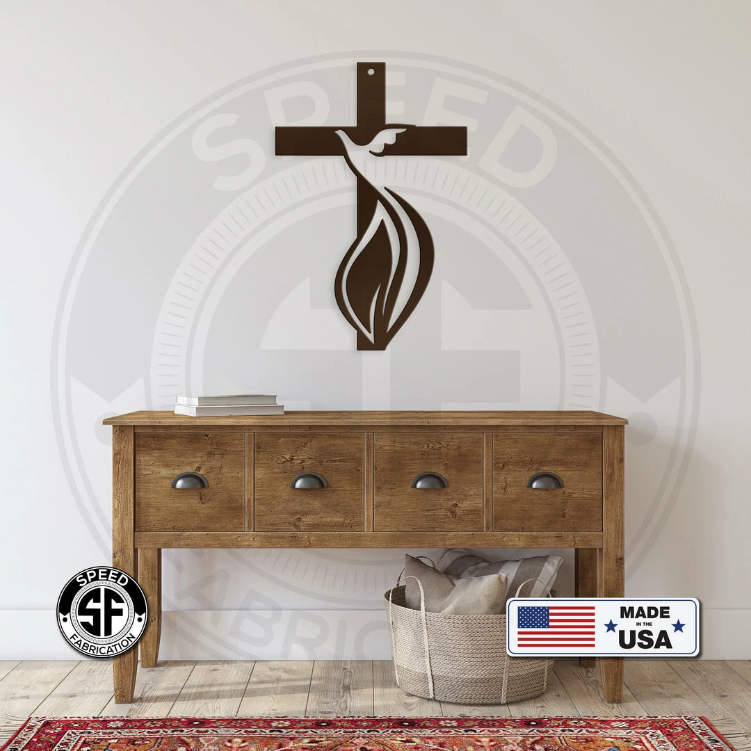 Speed Fabrication Home Decor & Gifts Cross Sign With Dove And Flame
