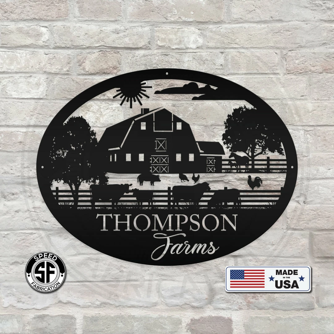 Speed Fabrication Personalized Farm Name And Farm Animals Oval Metal Sign