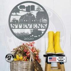 Speed Fabrication Round Personalized Harvesting Farm Scene With Year Metal Sign Farm Metal Signs