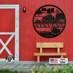 Speed Fabrication Round Personalized Harvesting Farm Scene With Year Metal Sign Farm Metal Signs