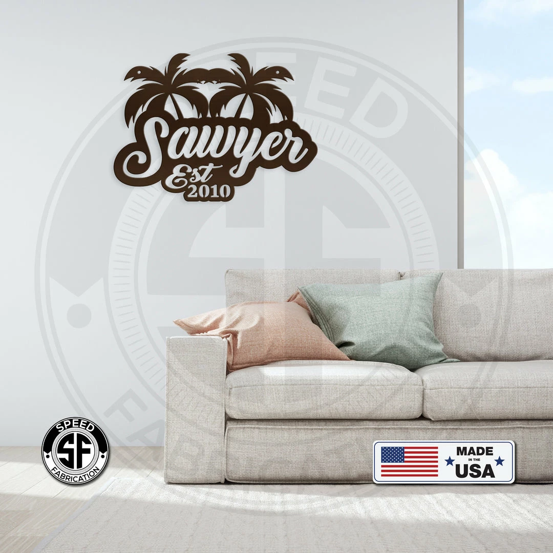 Speed Fabrication Most Popular Personalized Palm Tree Monogram With Established Date Metal Sign