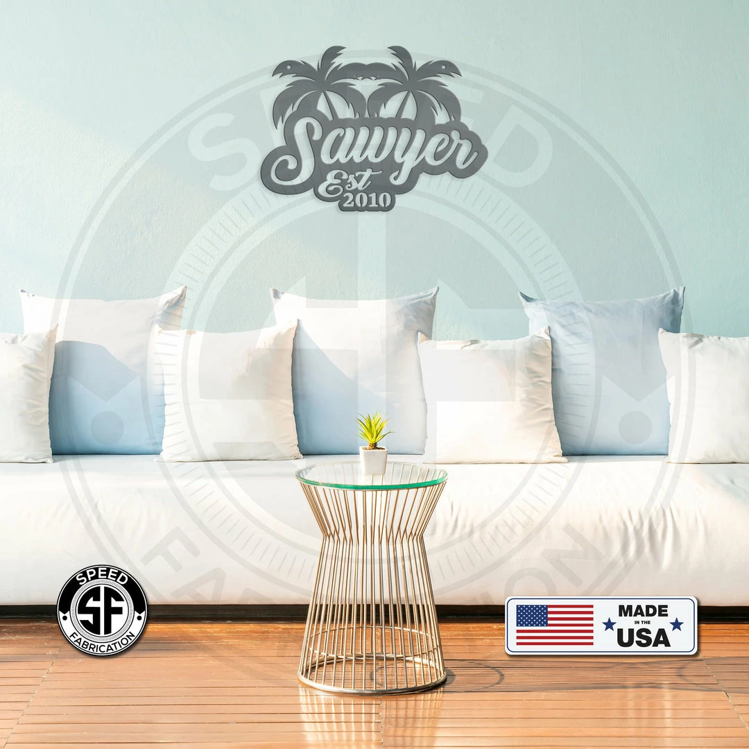 Speed Fabrication Most Popular Personalized Palm Tree Monogram With Established Date Metal Sign