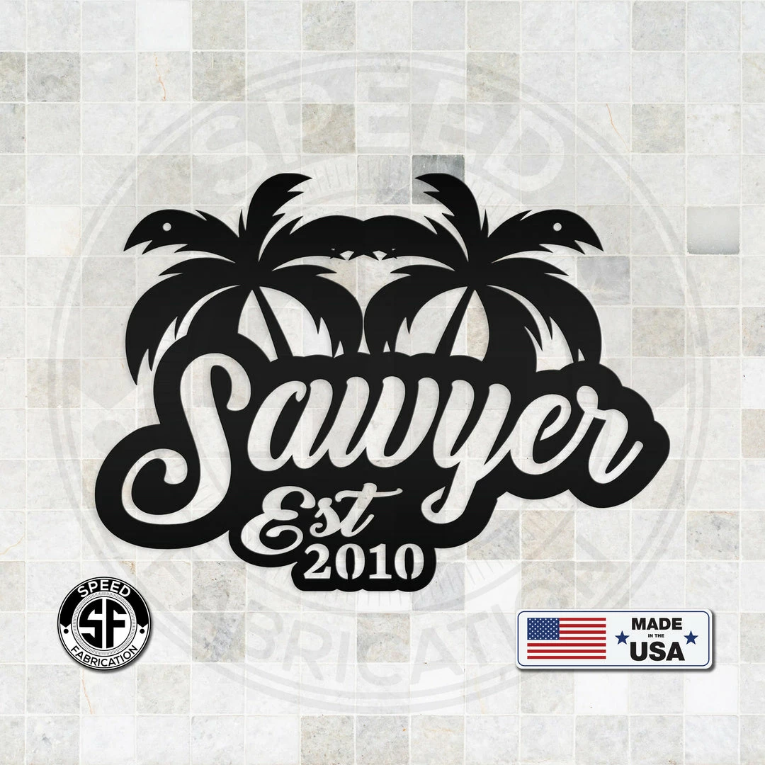 Speed Fabrication Most Popular Personalized Palm Tree Monogram With Established Date Metal Sign