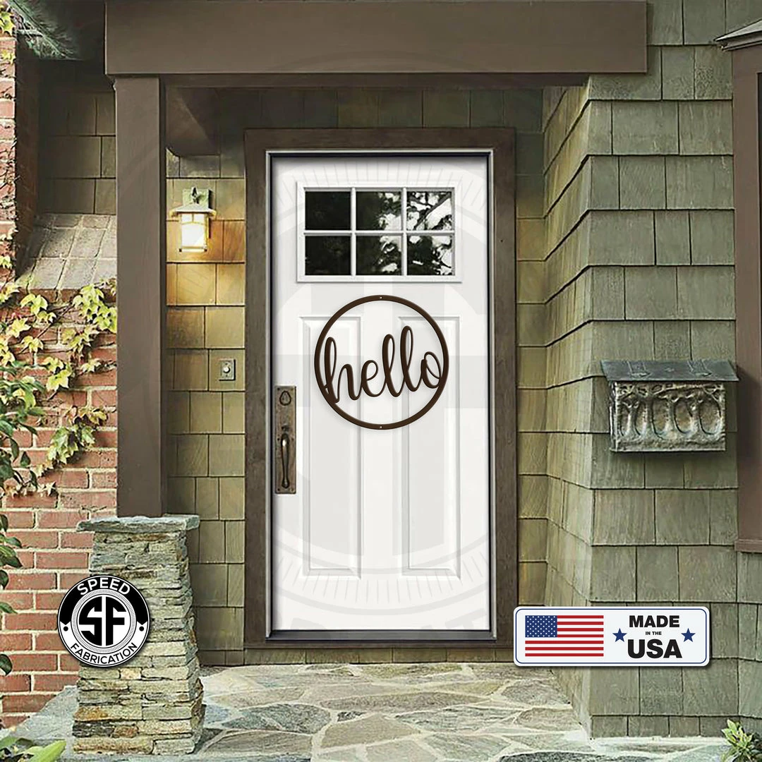 Speed Fabrication Home Decor & Gifts Outdoor Round Hello Metal Sign